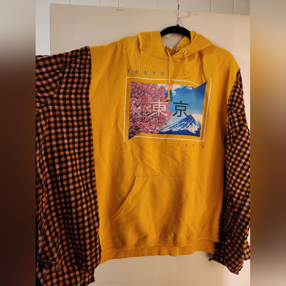 Yellow and Black Checkered Upcyled Hoodie